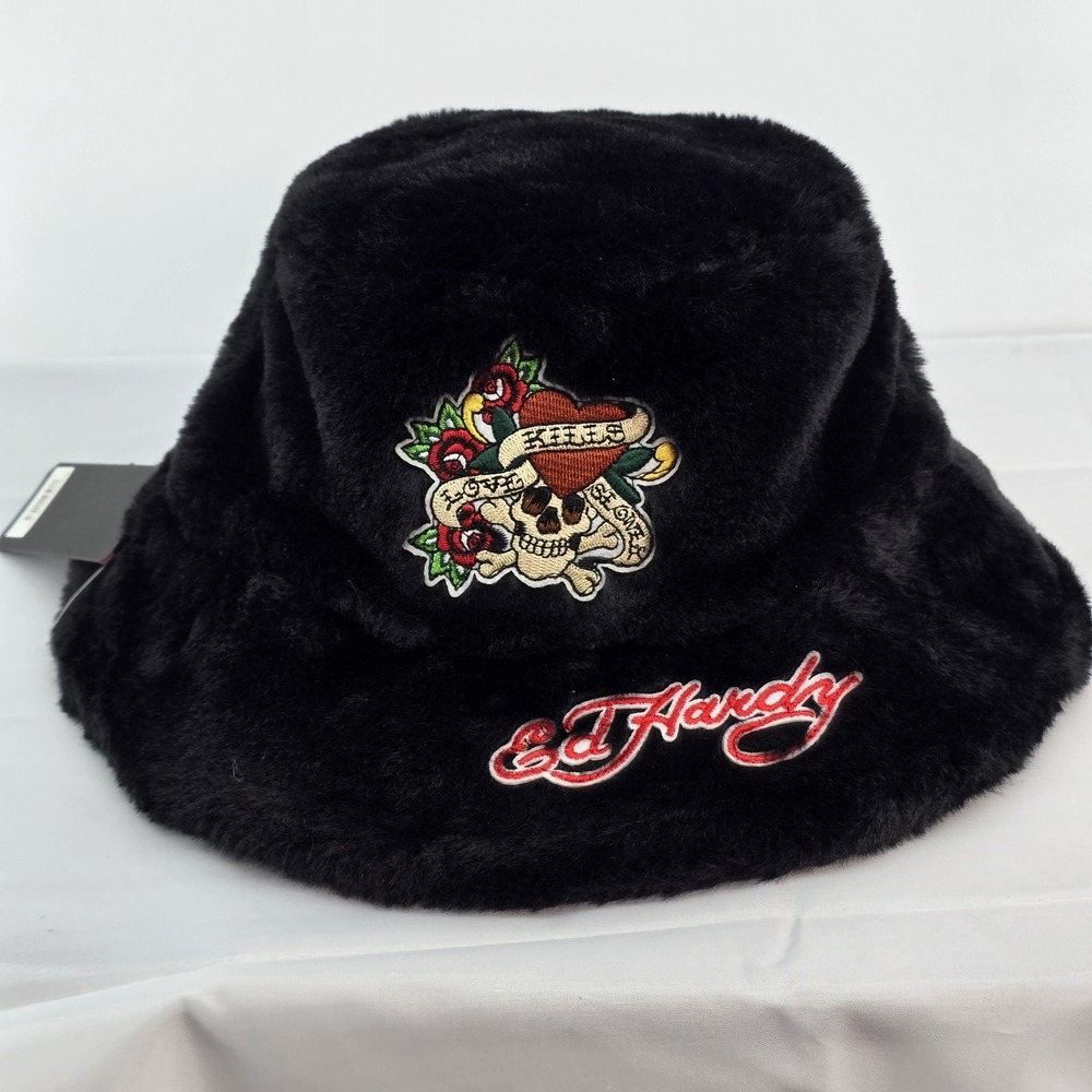 ED HARDY TATTOO KILLS LOVE SLOWLY‎ WOMENS FAUX FUR BUCKET HAT OS NEW
